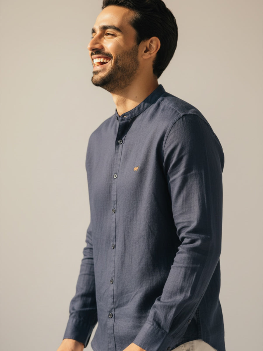 Navy Mandarin Collar Shirt