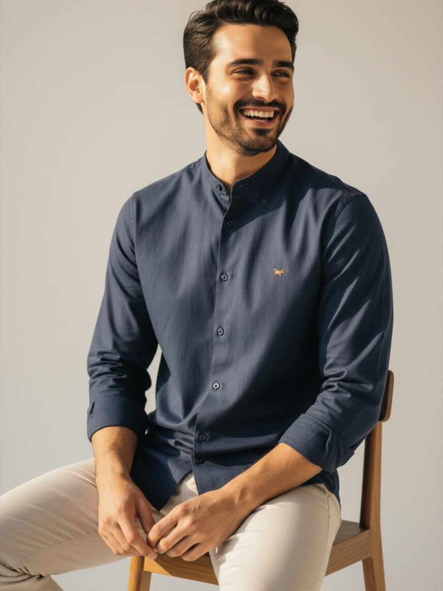 Navy Mandarin Collar Shirt