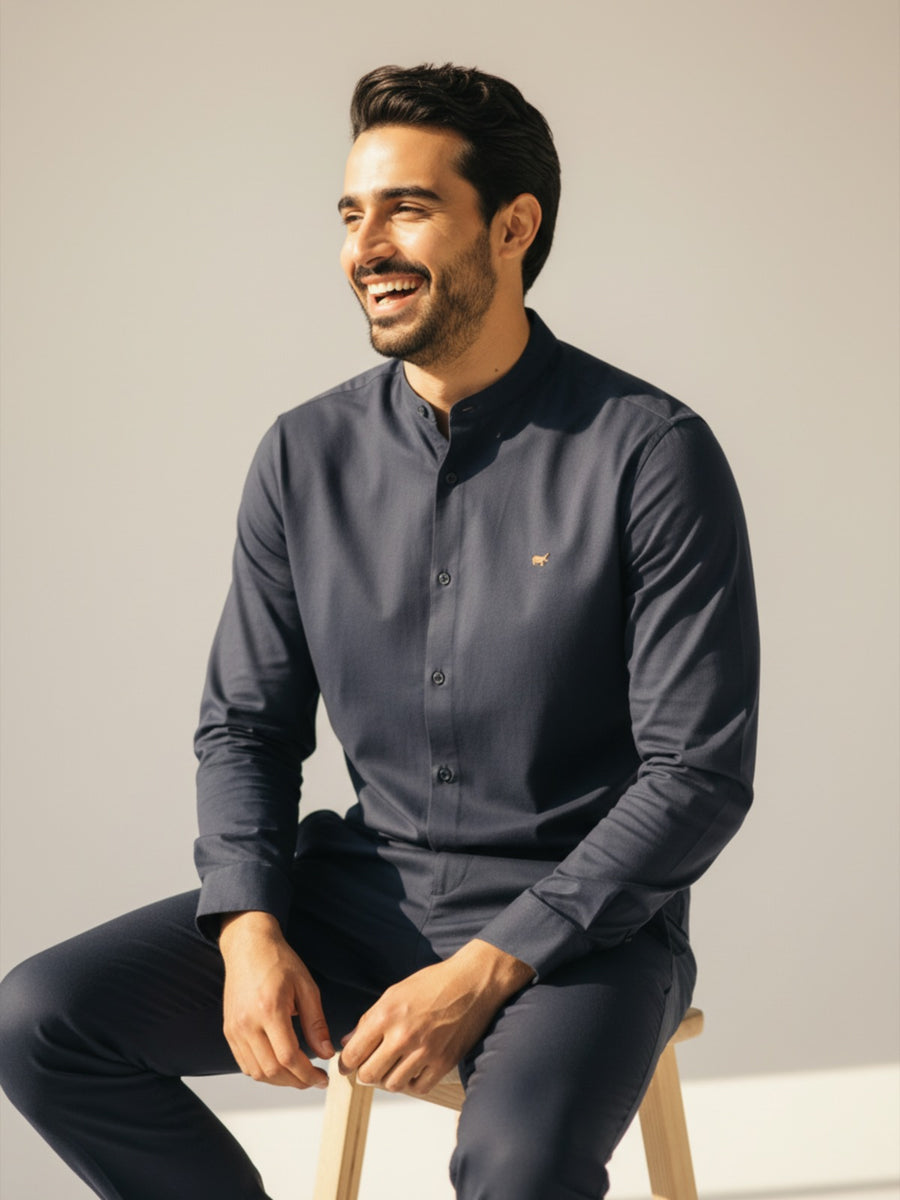 Navy Mandarin Collar Shirt