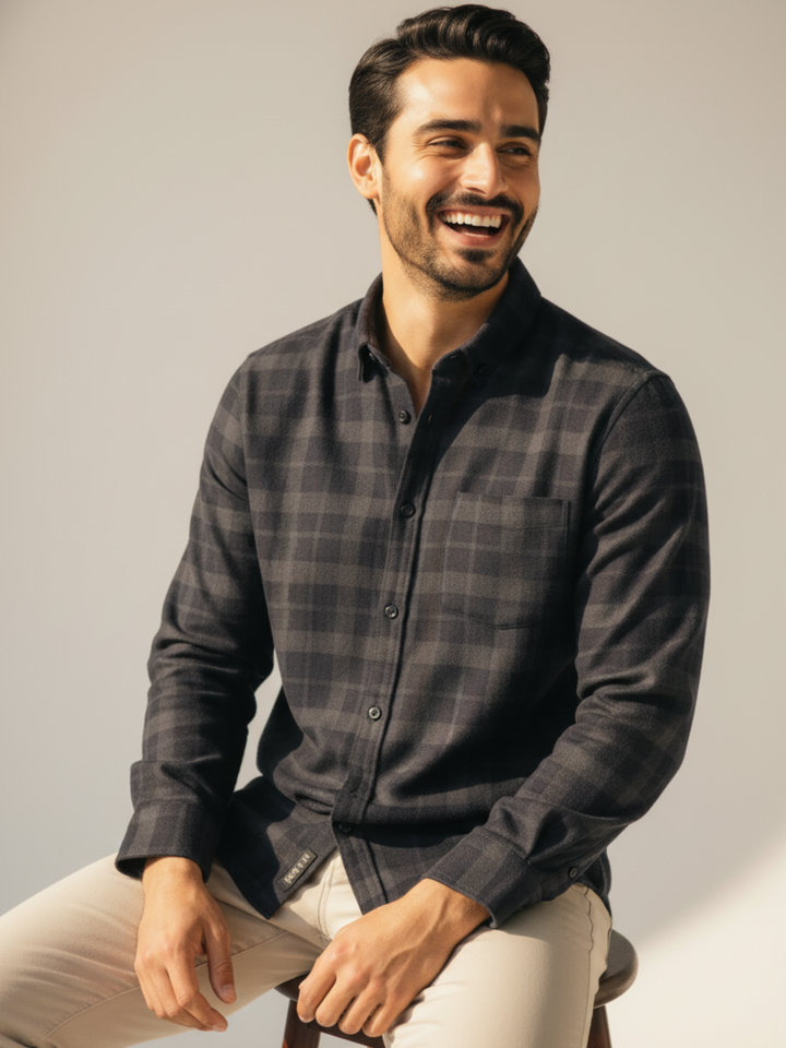 Dark  Checkered Button Down Casual Shirt - Braclo