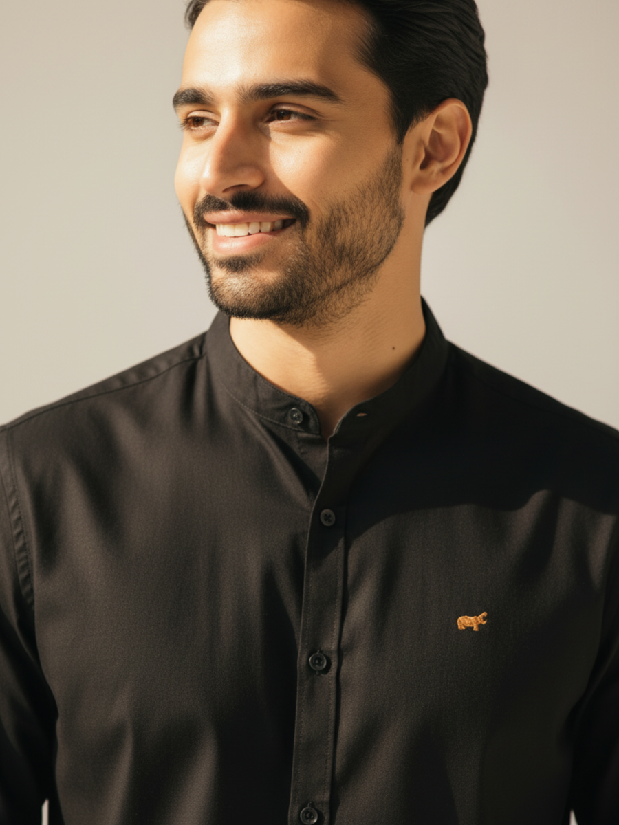 Black Mandarin Collar Shirt