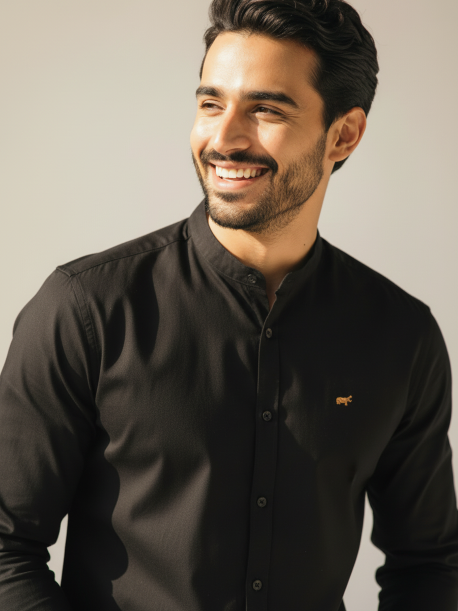 Black Mandarin Collar Shirt