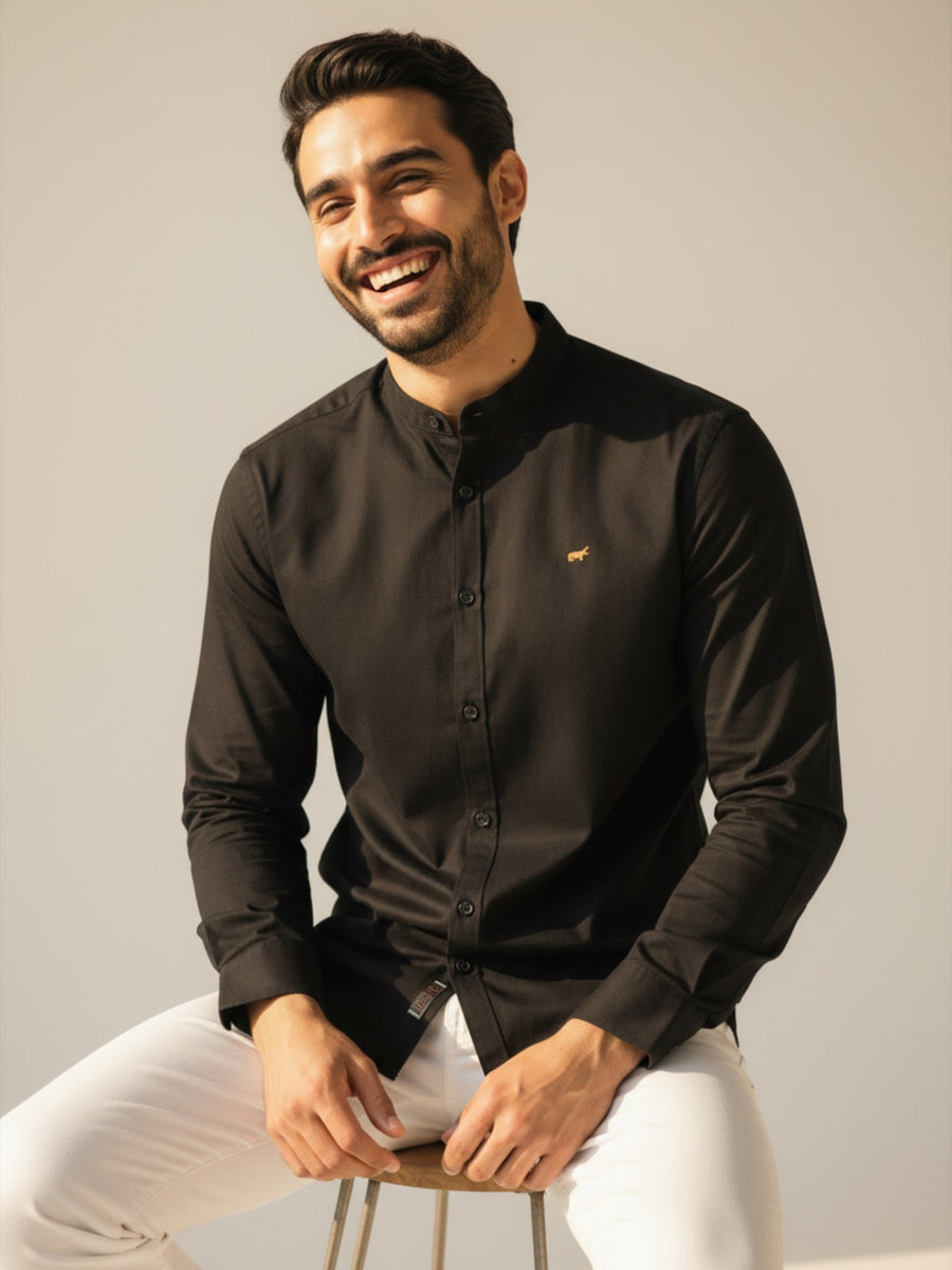 Black Mandarin Collar Shirt