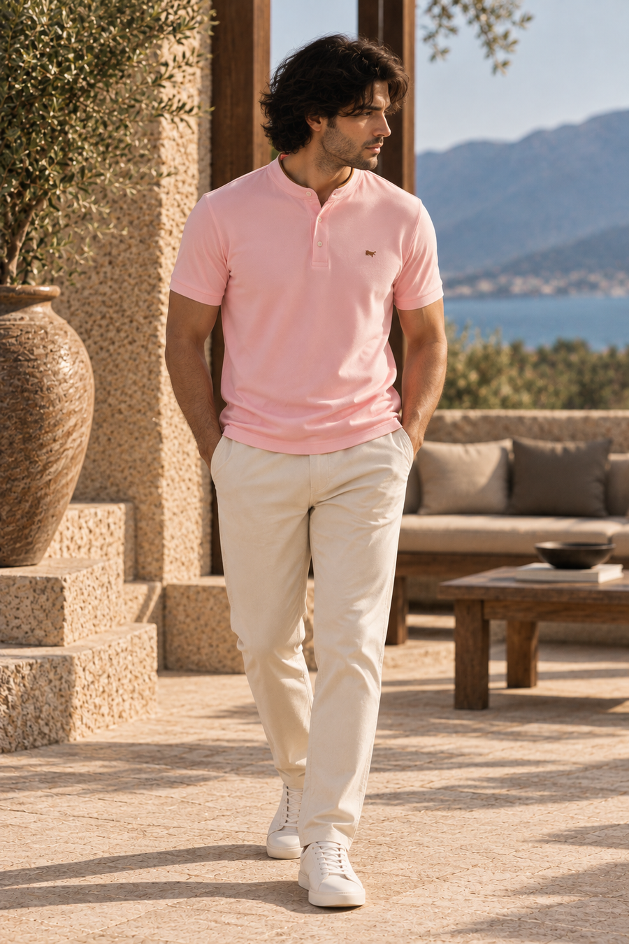 Pink Henley Polo Shirt