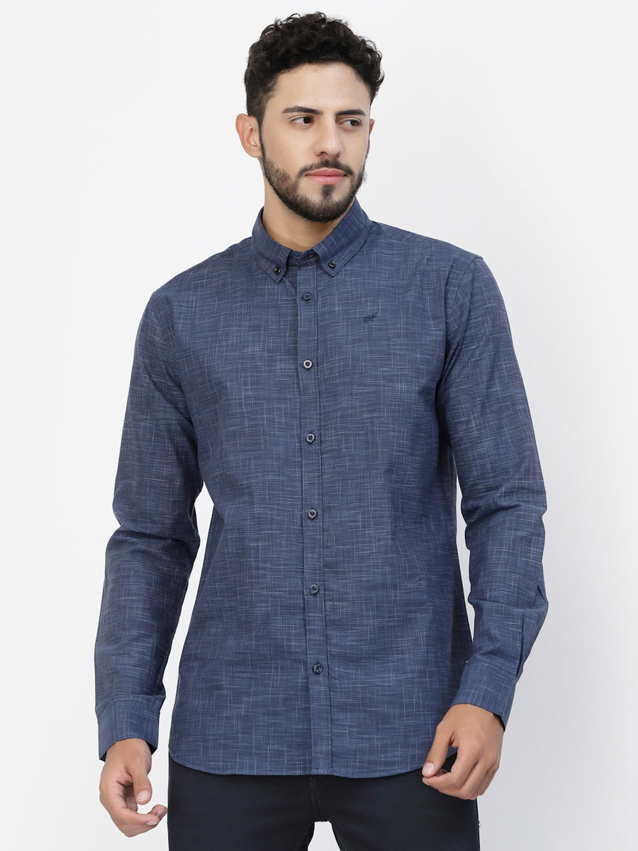 Navy Blue Printed Button Down Shirt