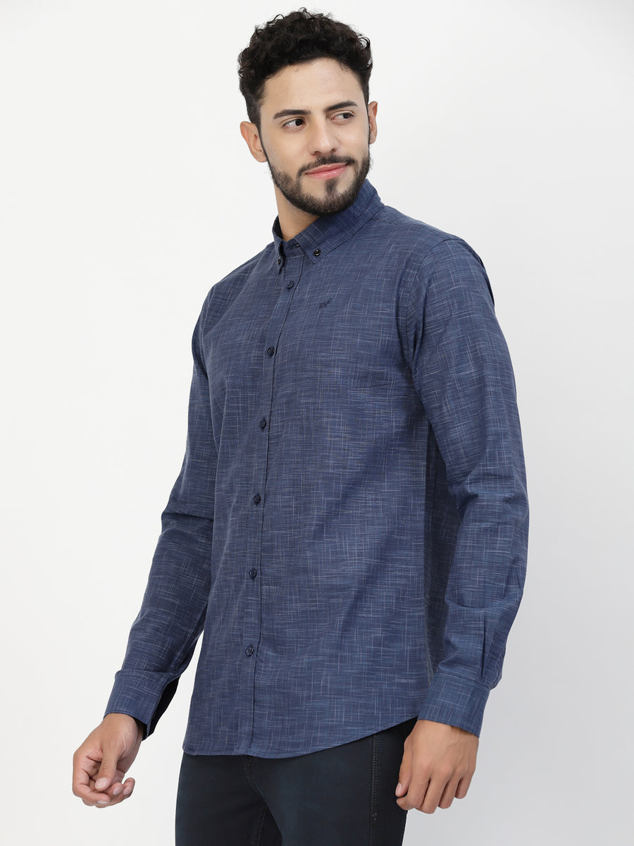 Navy Blue Printed Button Down Shirt