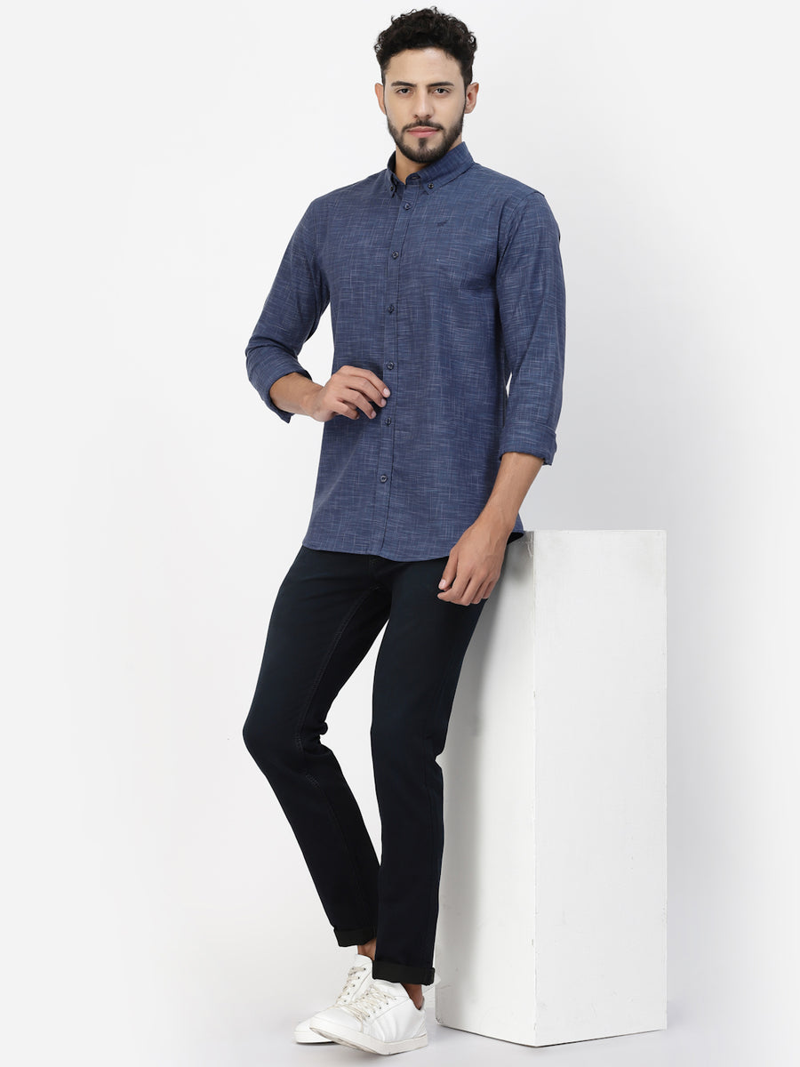 Navy Blue Printed Button Down Shirt