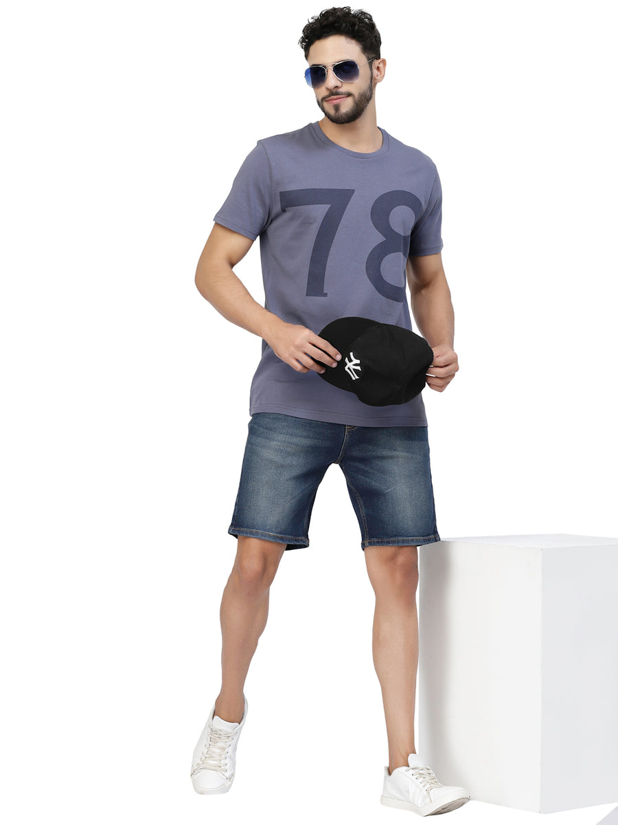 Blue Printed Round Neck Tshirt