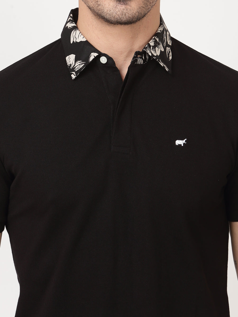 Black Printed Collar Polo Shirt