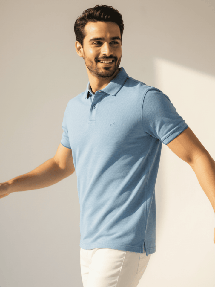 Textured Cool Blue Polo Shirt - Braclo