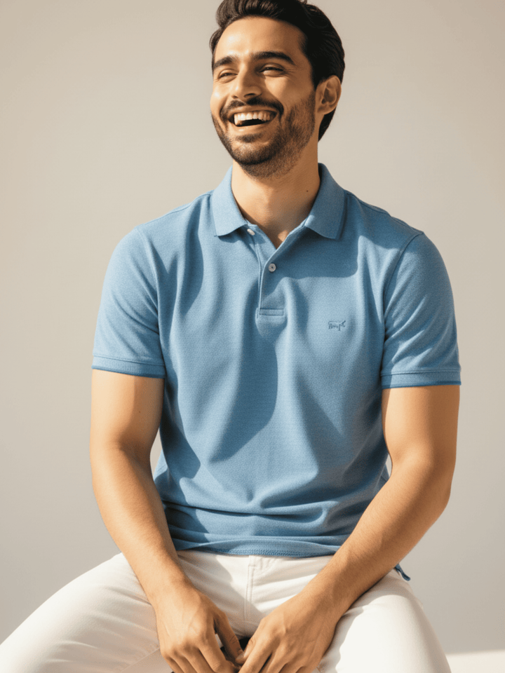 Textured Cool Blue Polo Shirt - Braclo
