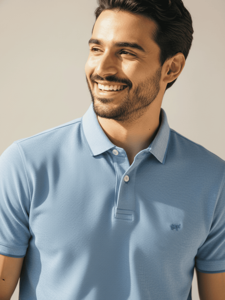 Textured Cool Blue Polo Shirt - Braclo